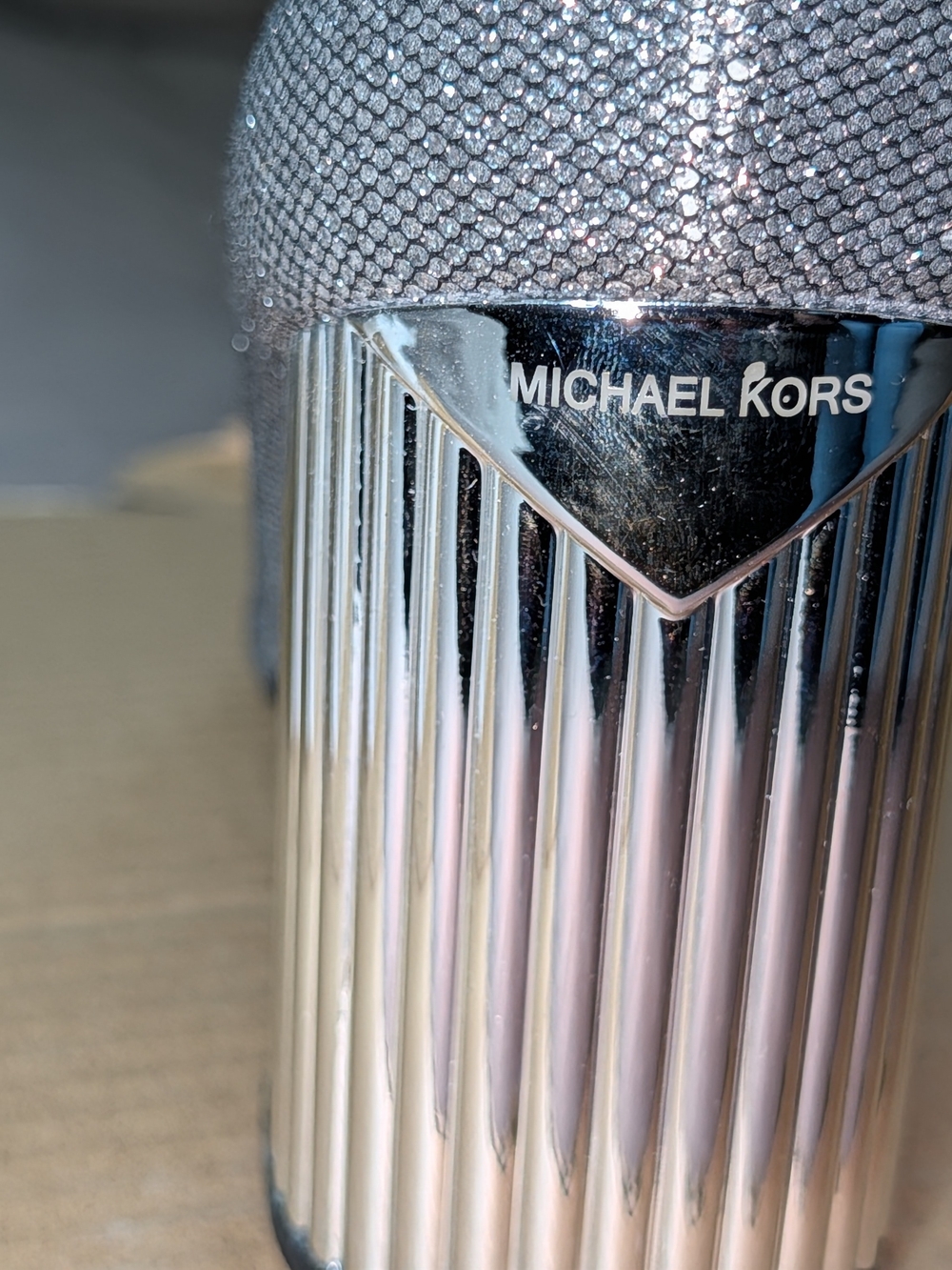 Michael Kors Silver Glitter Block Heel Pumps with Ribbed Metallic Heel - Picture 4 of 4